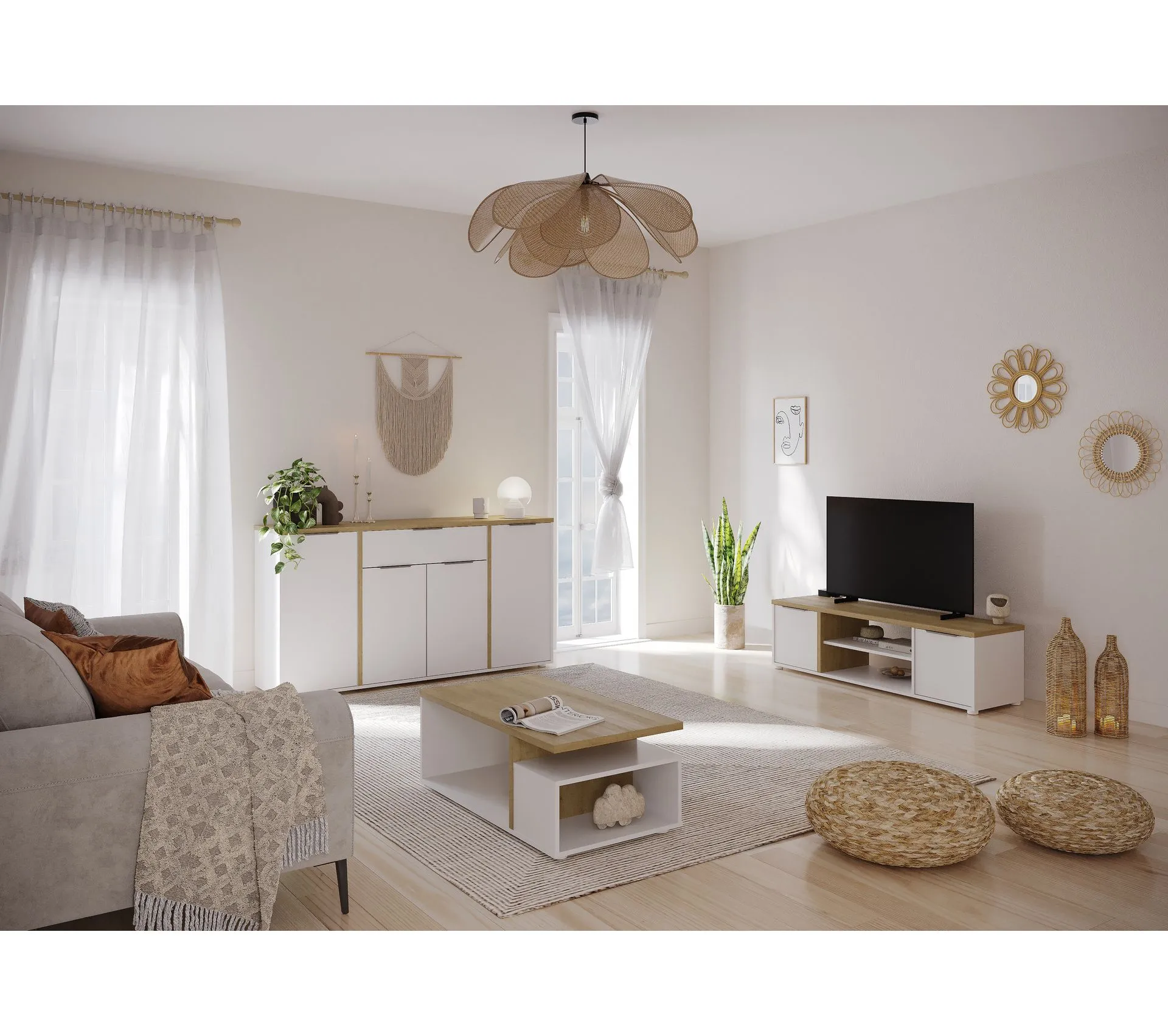 Table Basse Rectangulaire Access - 3 Niches - Décor Chêne Hamilton Et Blanc - L91,8 X P50 X H36 Cm