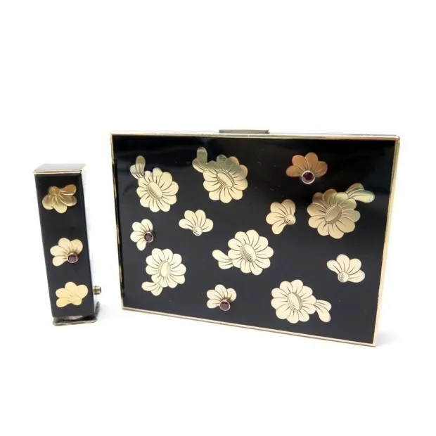 VAN CLEEF & ARPELS ART DE VIVRE bagatelle poudrier fleurs dores & rubis + rouge a levres